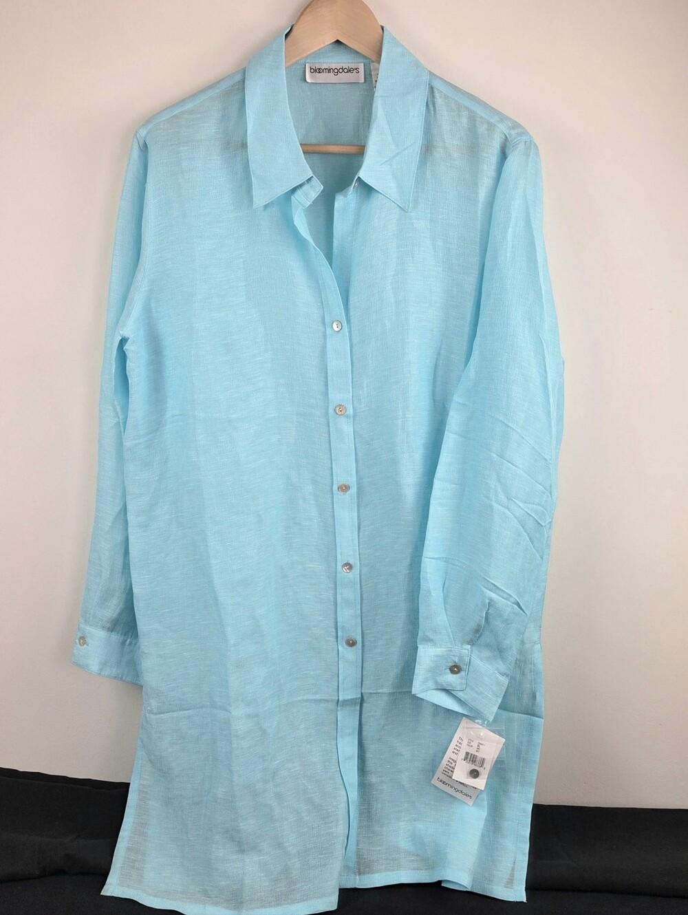 Bloomingdales Shirt Womens XL Turquoise Long Sleeve Button Up Tunic Linen Silk